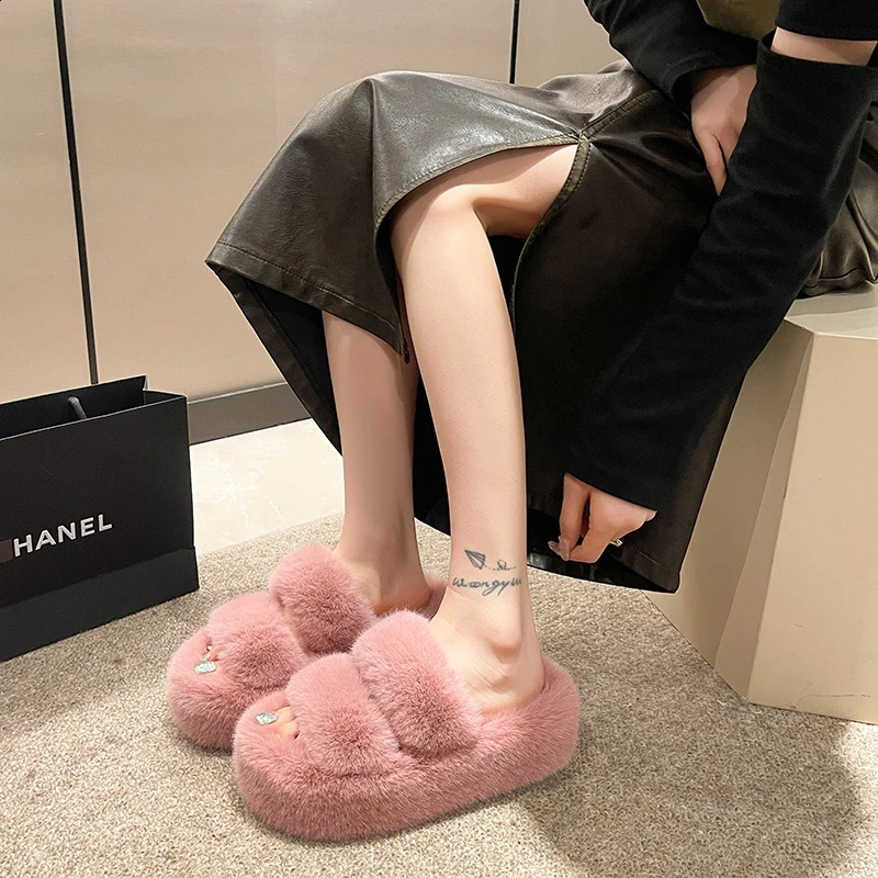 Woman Furry Ladies Fur Fluffy Plush Slipper House Soft Fuzzy Platform Indoor Casual Winter Home Warm High Heels Female 250815