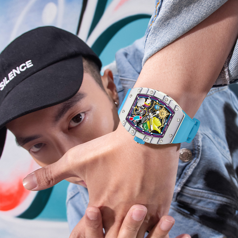 BONEST GATTI Men Automatic Watch 52mm Tonneau Mechanical Wristwatch Carbon Fiber Bezel Sapphire Mirror Luminous 3D Cartoon Dial