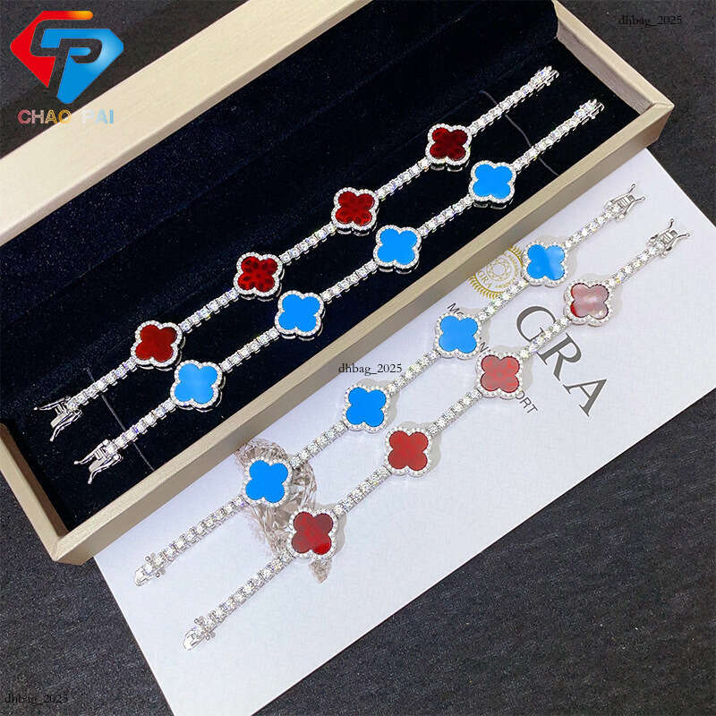 Four-Leaf Clover Moissanite Agate 3mm Single Stone Sier Plated Hip-Hop Bracelet 111