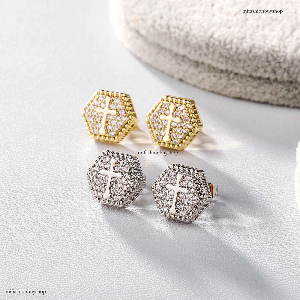 Trendy Cross Zircon Hip Hop Earrings for Men Hexagon Full Dia Ear Jewelry New Gold Australian Accessories