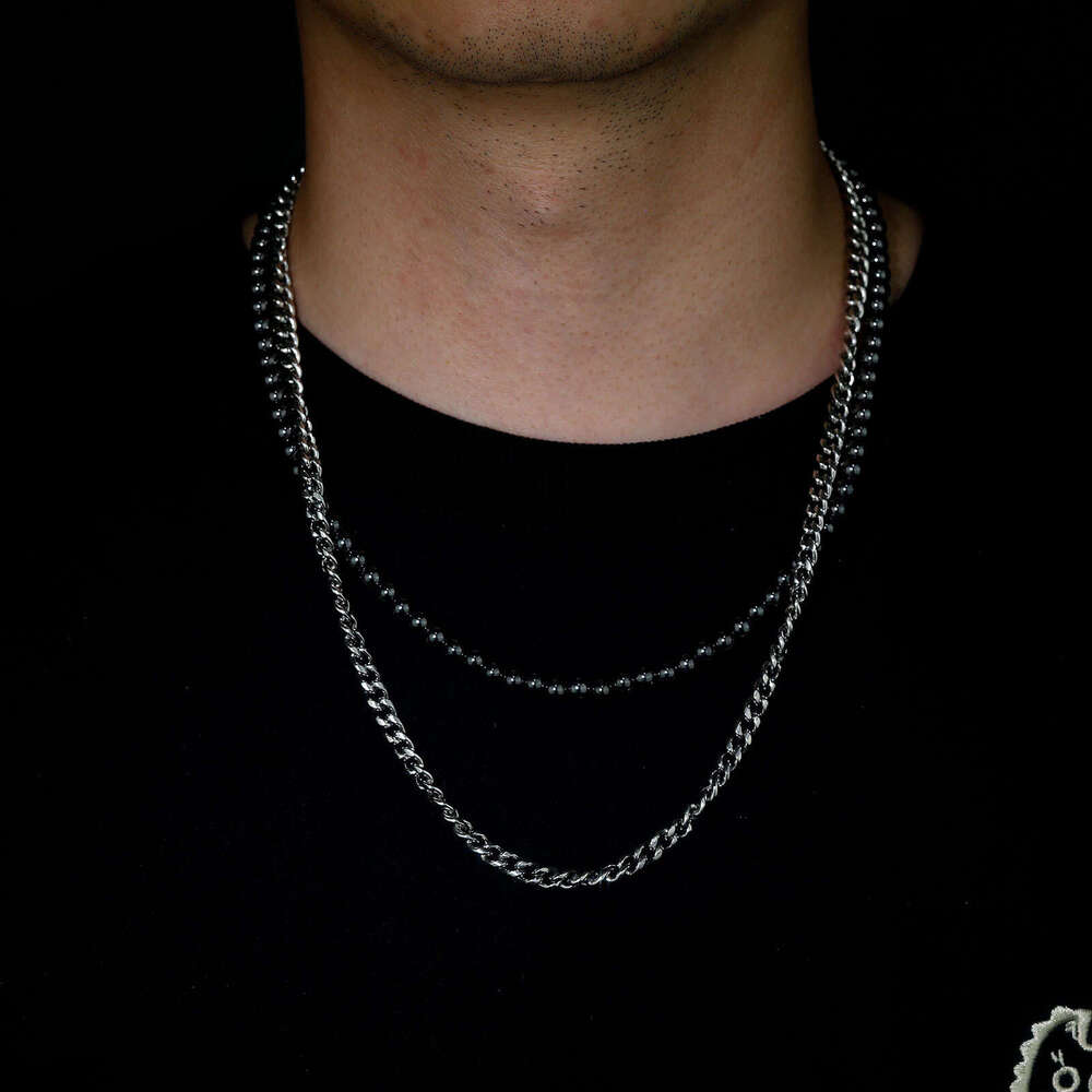 Hip Hop Sterling Silver Cuban Chain Black Gallstone Round Bead Necklace Beads DIY Jewelry Accessories Gold Australia