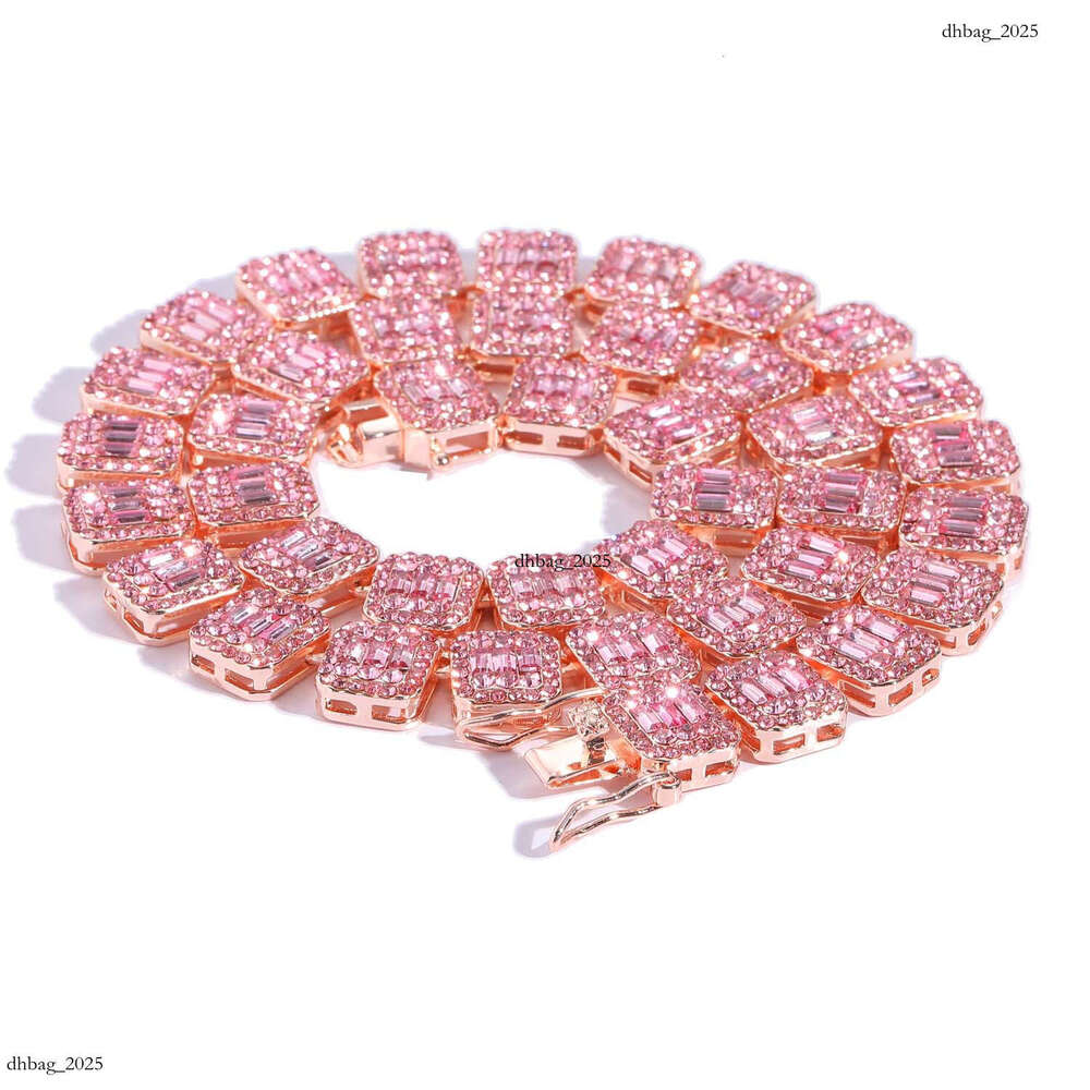 Hip Hop 13mm Pink Square Round Cuban Chain Full Dia Men's Trendy Necklace