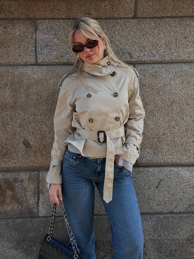 Spring Double Breasted Trench Coat With Belts Women Elegant Stand Collar Long Sleeve Jacket Office Lady Windbreaker Street Tops