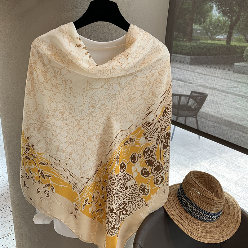New Designer High end Scarf 2025 Linen Scarf Women's Large Square Scarf Thin Silk Scarf Outdoor Shawl Yellow Flower Big Shawl