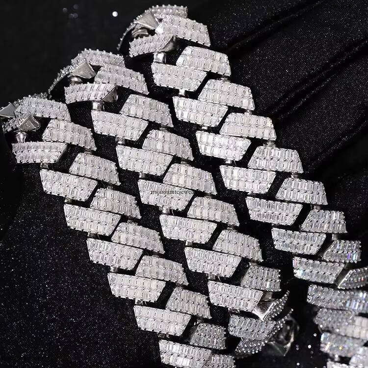 High Quality Custom Jewelry 20mm Sterling Sier VVS Baguette Moissanite Dia Iced Out Cuban Link Chain for Men