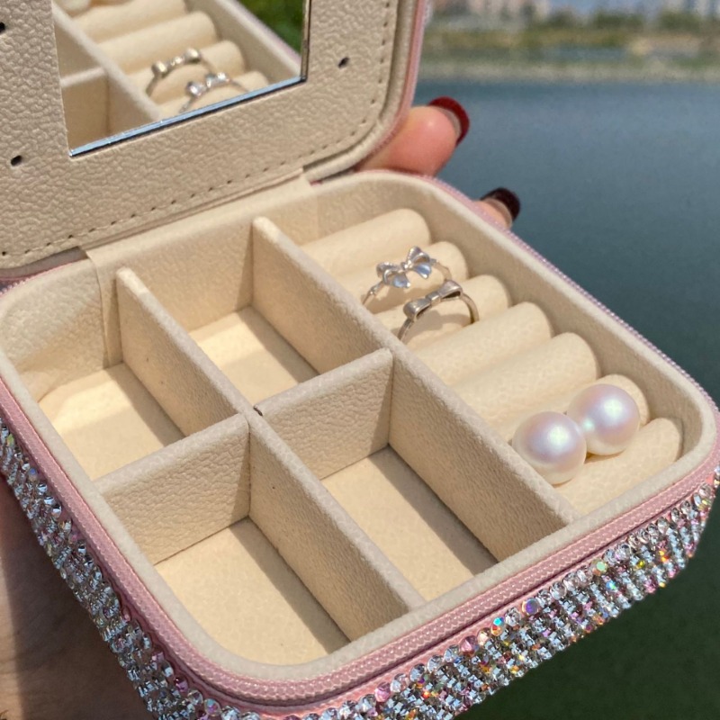 Elegant Diamond Decorated Storage Container with Mirrored Interior for Jewels