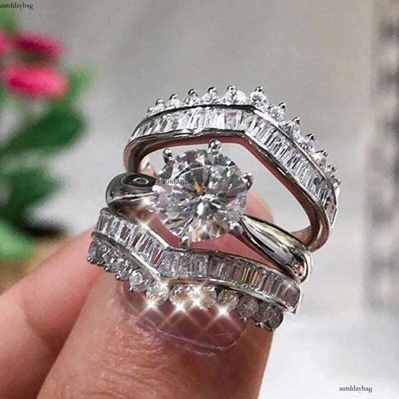 2024 Handmade Popular Wedding Rings Jewelry Sterling Sier Fill Round Cut 5A Cubic Zircon CZ Dia Gemstones Party 3pcs Women Bridal Ring Set Gift