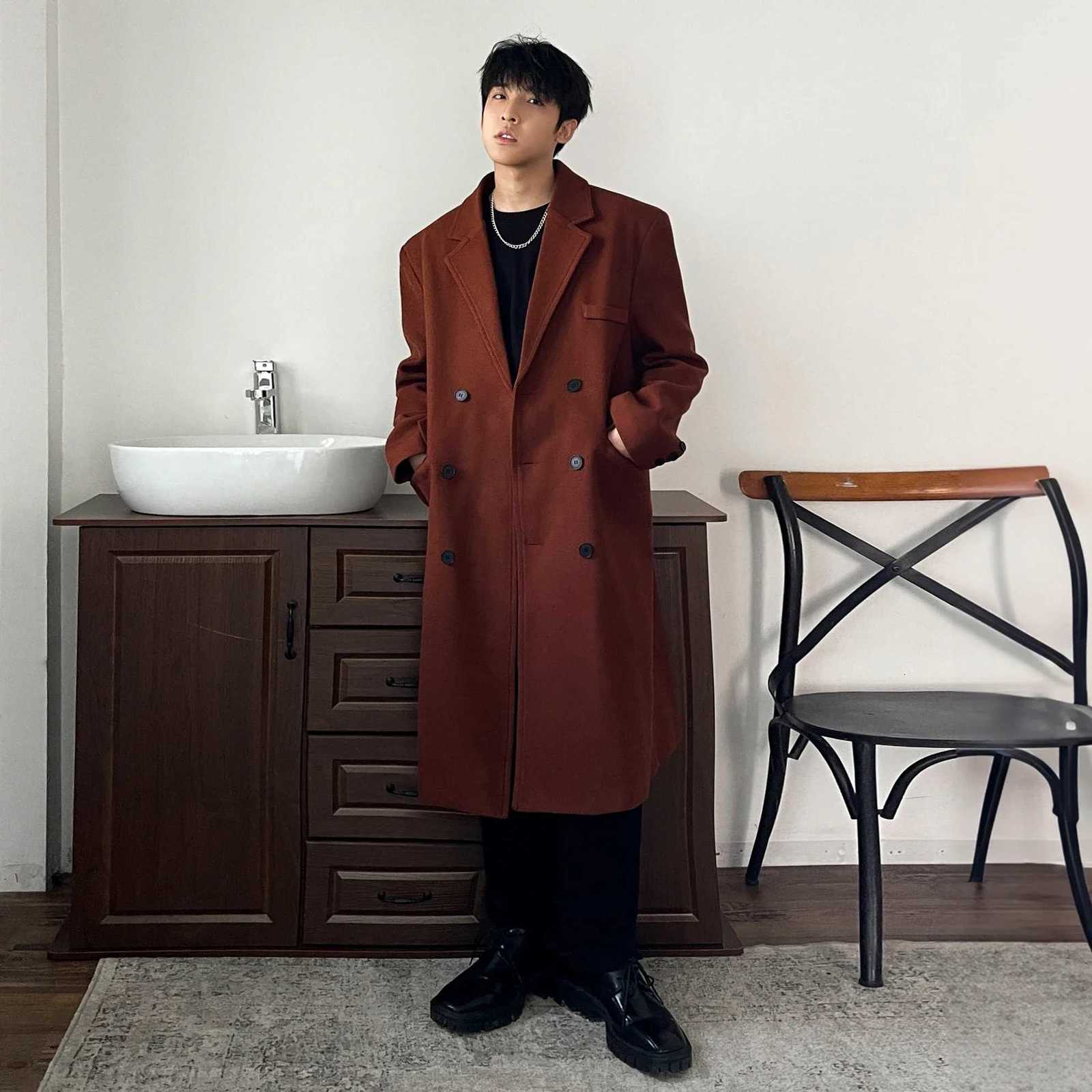 2025 Winter Long Trench Coat Men Korean-style Solid Double Breasted Woolen Coat Loose Casual Trench Outerwear Solid Color Overcoats XJ250809