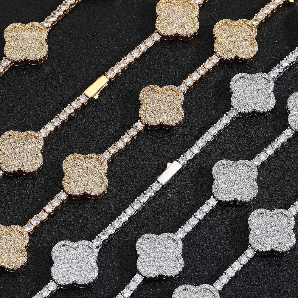 Hip Hop Spring Buckle Four-Leaf Clover Tennis Chain Moissanite chain High-End Versatile Men's Necklace