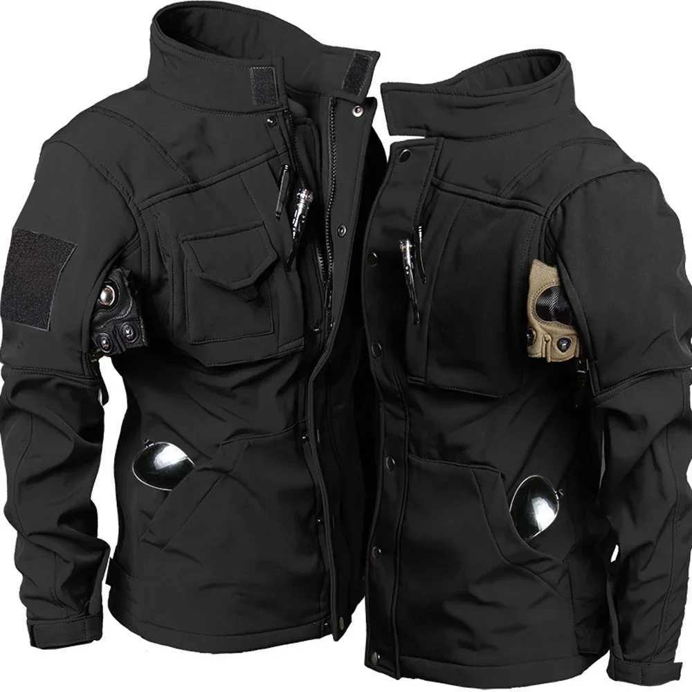 Winter Fleece Jacket Men Riding Outdoor Motorcycle Coats Tactical Multi-pocket Soft Shell Waterproof Windproof Warm Shark Skin W250809