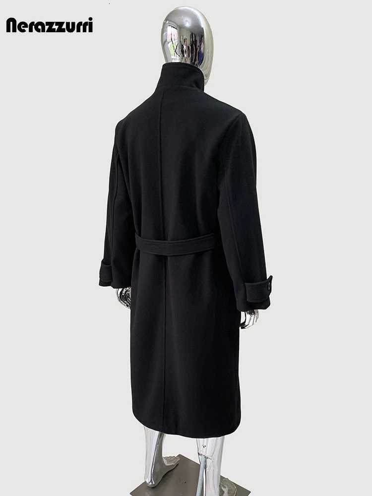 Nerazzurri Spring Autumn Winter Long Thick Soft Warm Black Wool Blends Coat Men Sashes Luxury Elegant Chic Woolen Overcoat 2025 XJ250809