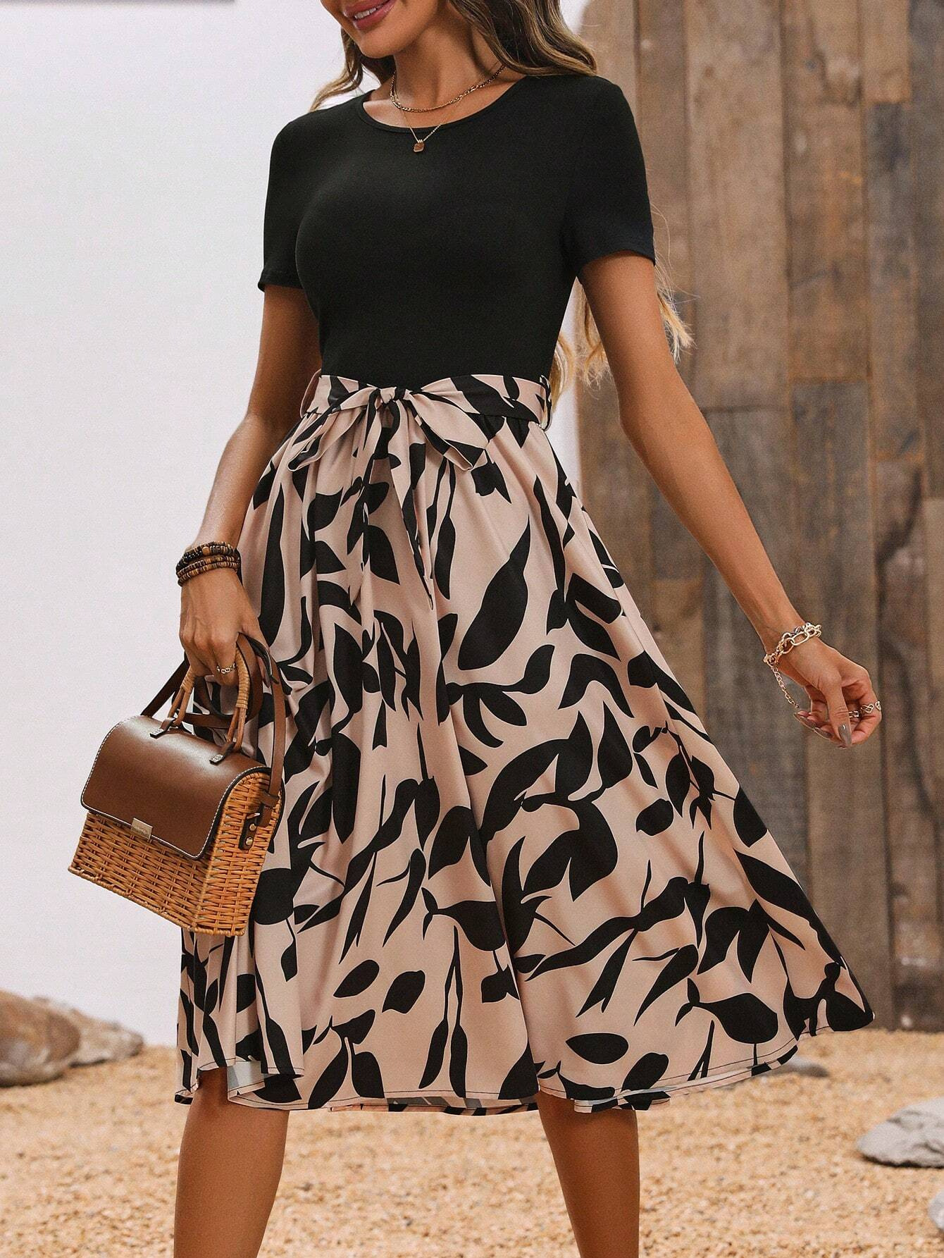 Women's printed high-waisted lace-up midi skirt