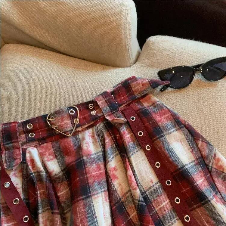 2025 Summer New Women's Punk Checkered Mini Skirt Irregular Handkerchief with Heart Buckle Waist Strap Women's Teen Girls Y K Grunge Fashion