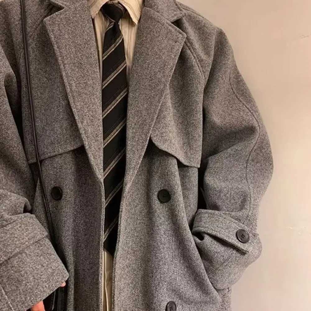 Men Solid Color Coat Stylish Mens Double-breasted Woolen Coat with Pockets Casual Mid-length Outerwear for Autumn Winter for A XJ250809