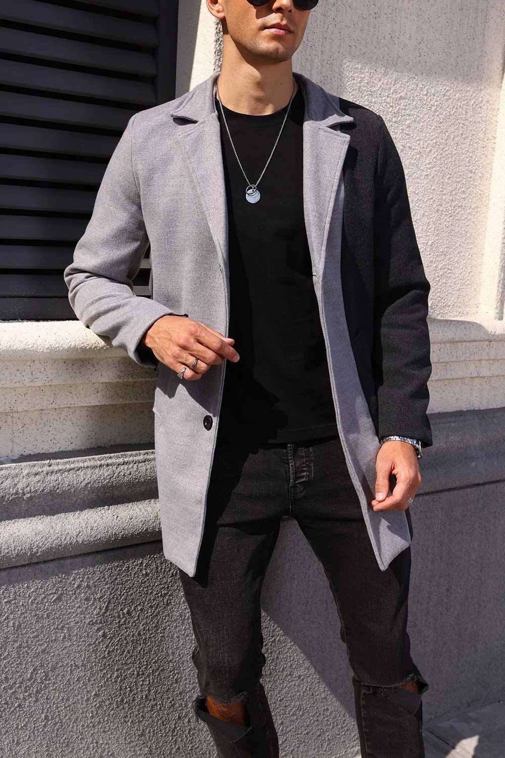 Mens Woolen Jacket Fashionable Versatile Color Block Coat Top XJ250809