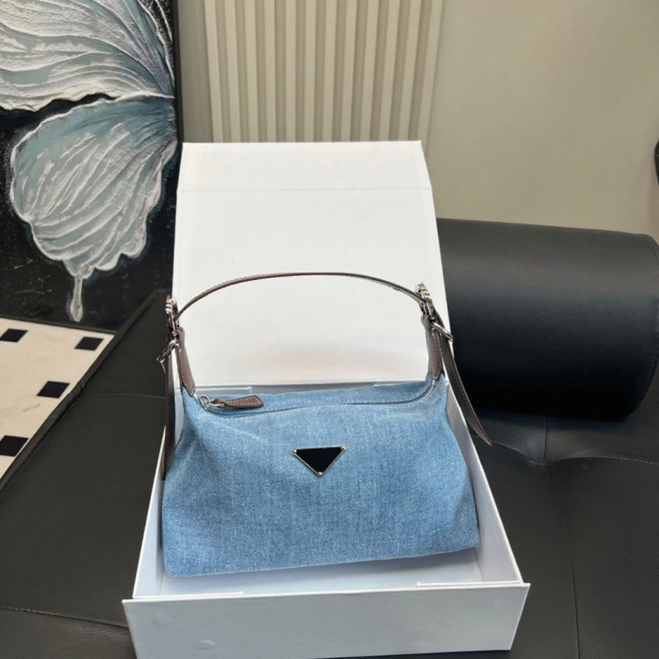 blue Denim Underarm bag Medium-width ribbon hobo designer Yongge handbag luxury Cross-stripe cowhide shoulder bags American Retro Style Lunch box bag