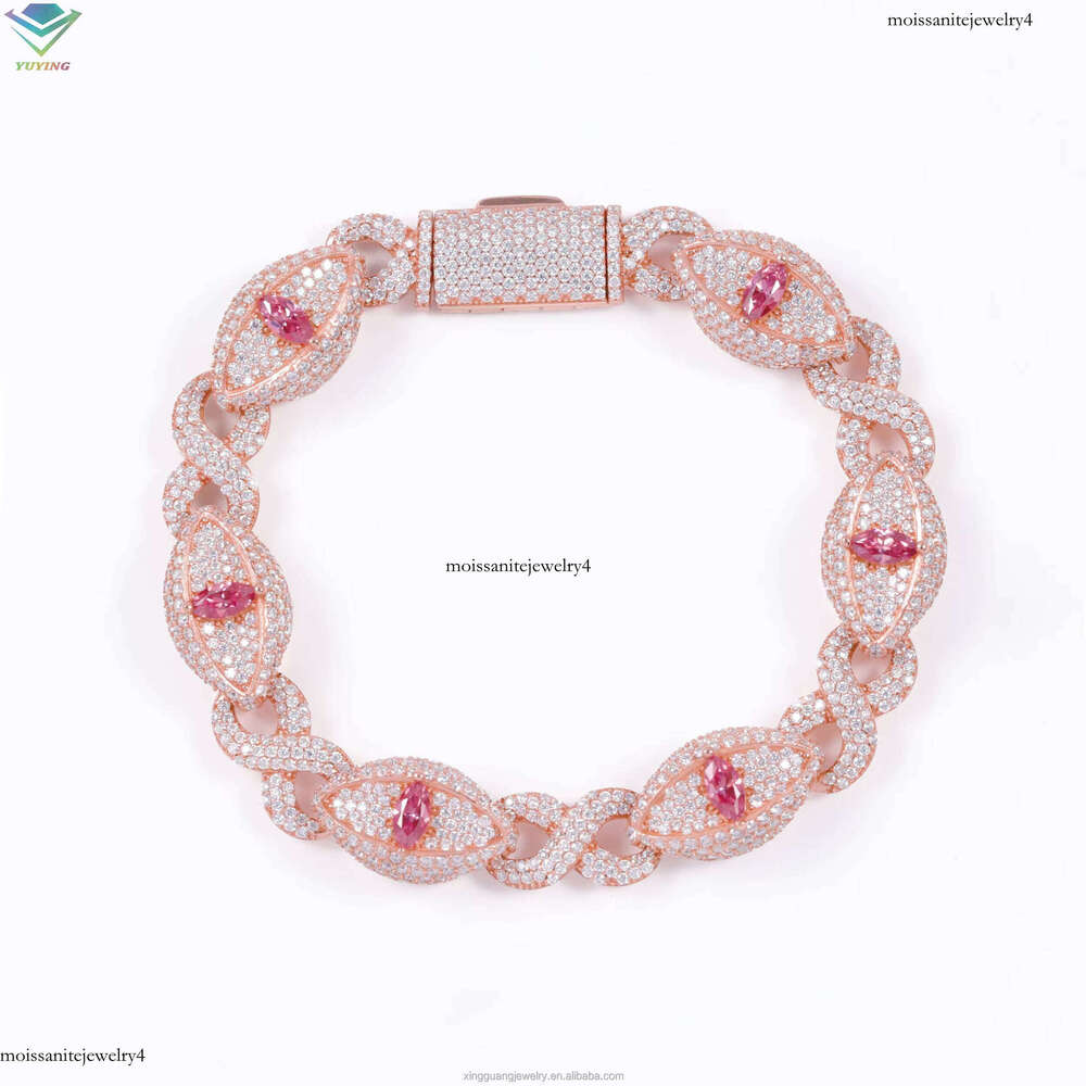 Fashion Hip Hop Jewelry Iced Out 15mm Sterling Sier Pink Marquise Moissanite Evil Eyes Cuban Bracelet