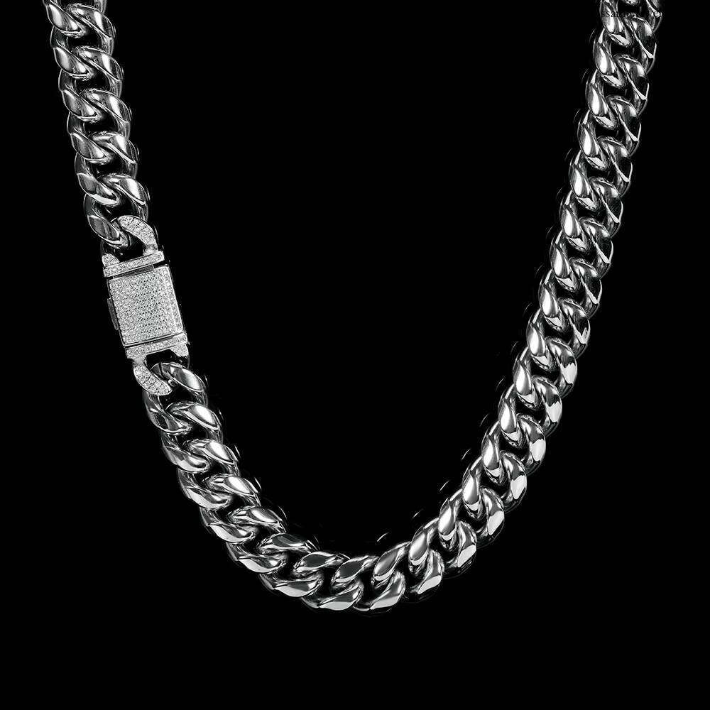 NUOYA Gold Plated Stainless Steel Men's Miami Cuban Chain Necklace 12mm HipHop Full Dia Clasp Fine Jewelry