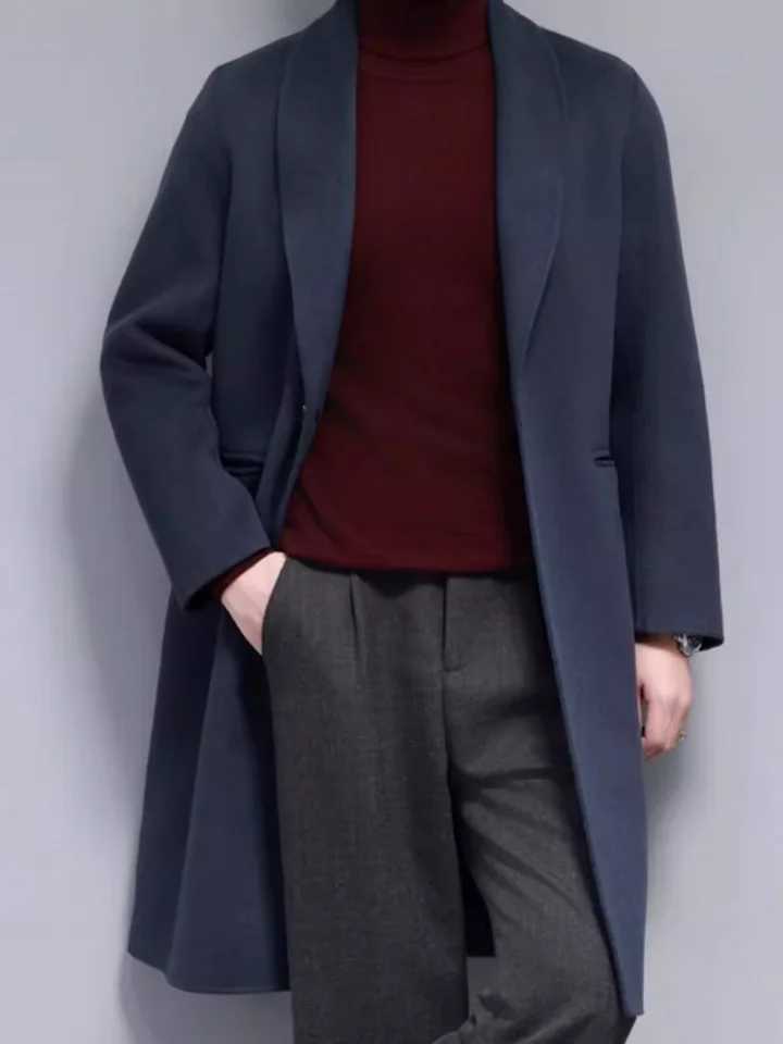 Autumn Winter Mens Business Work Long Woolen Blends Coat Slim Fit Handmade 100% Wool Trench Casual One Button Windbreaker Coats XJ250809