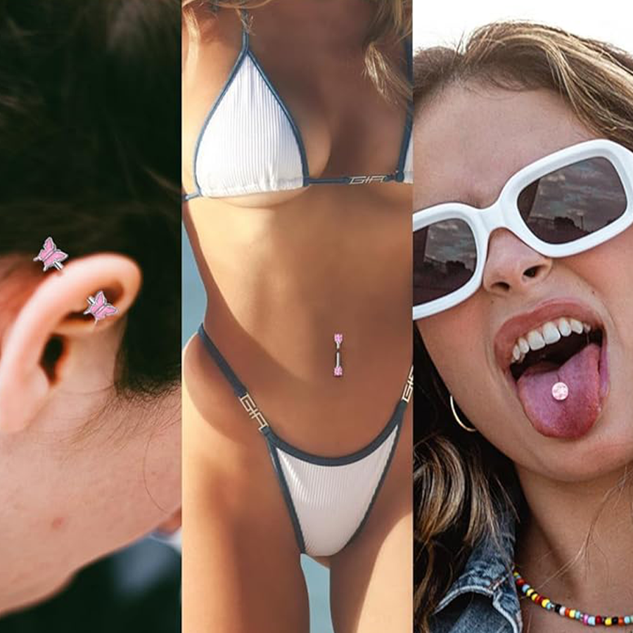 9 Pairs Nipple Rings Stainless Steel Heart Butterfly Moon Flower CZ Barbell Tongue Rings Set Cute Nipplerings Piercing Jewelry for Women Pink Silver T