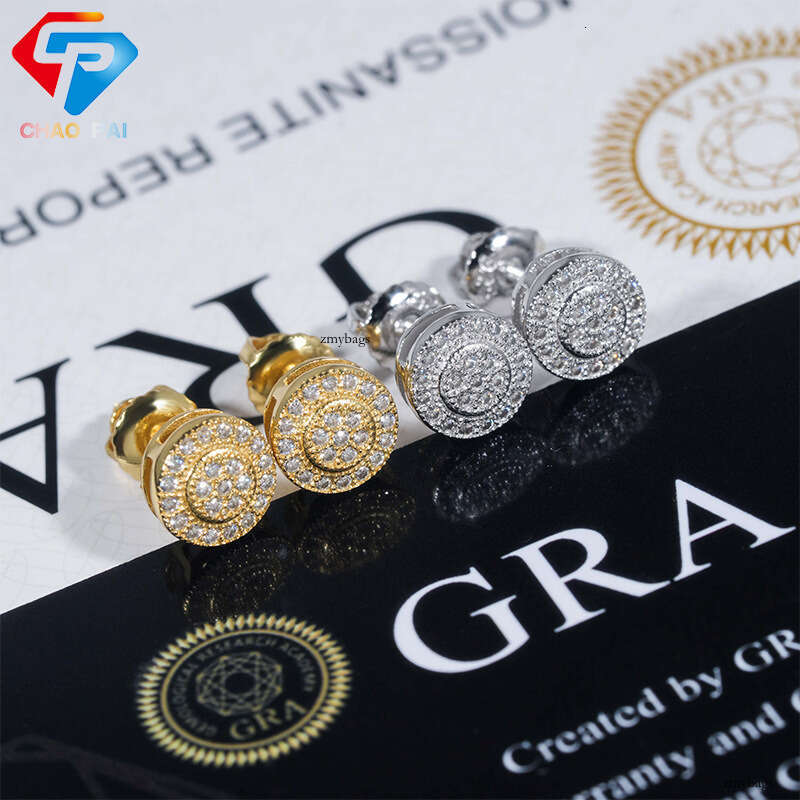 ICED OUT Hip-Hop Sier Gold-Plated Moissanite Full Unisex Round Dense Inlay Earrings