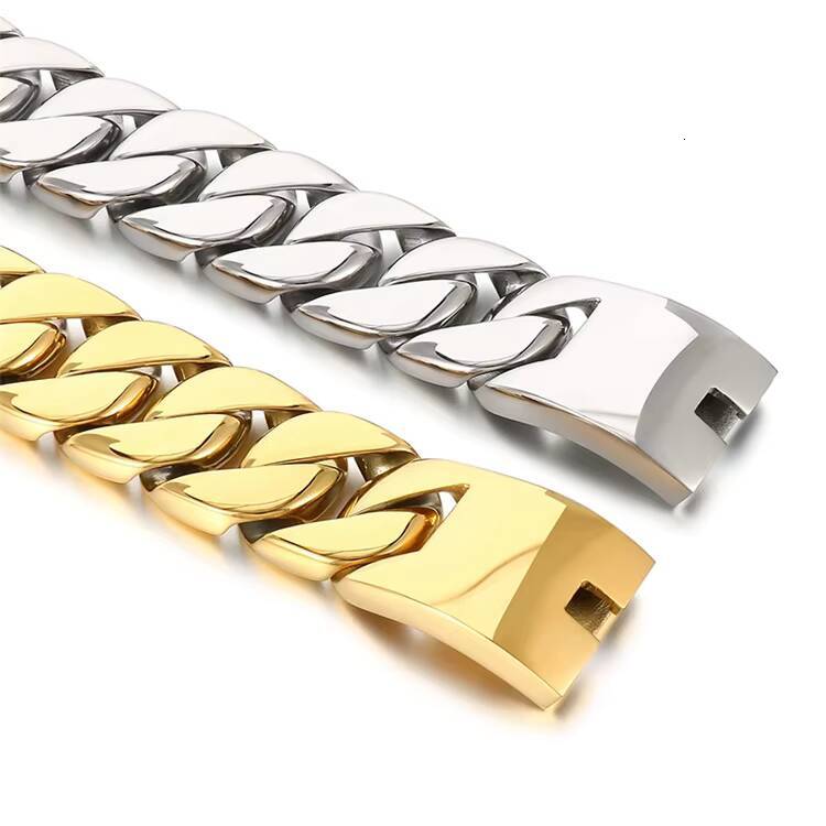 Mens 31MM Large Heavy Polished Stainless Steel Plated 18K Gold Plated Thick Chunky Cuban Curb Chain Link Necklace Bracelet