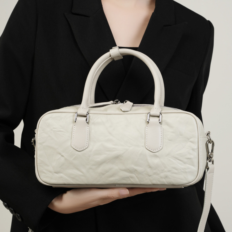 Genuine Leather Women's Autumn Winter New Niche Boston Bowling Handbag Commuter High-End Underarm Crossbody Bag