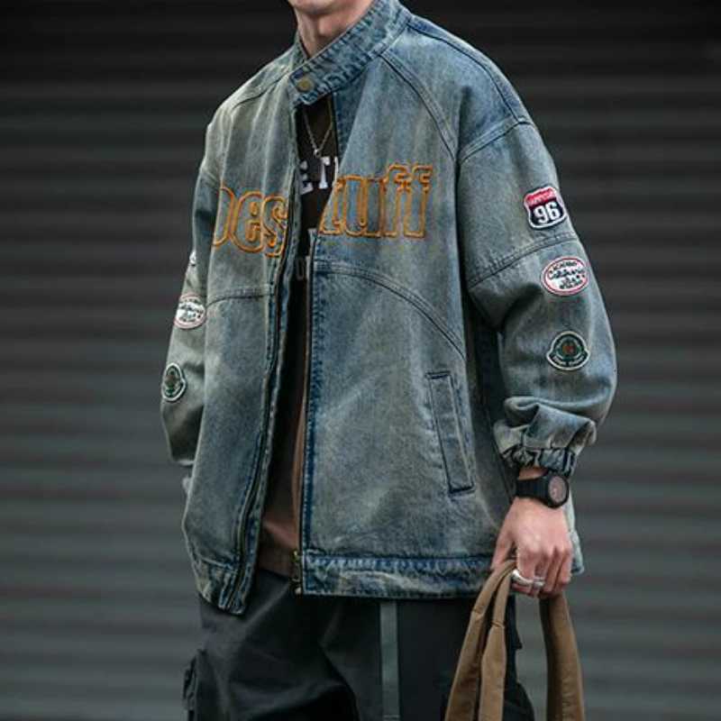 American Retro Denim Jacket Patch Embroidery Motorcycle Distressed Jeans Coat Men High Street Workwear Zipper Stand Collar Top W250809