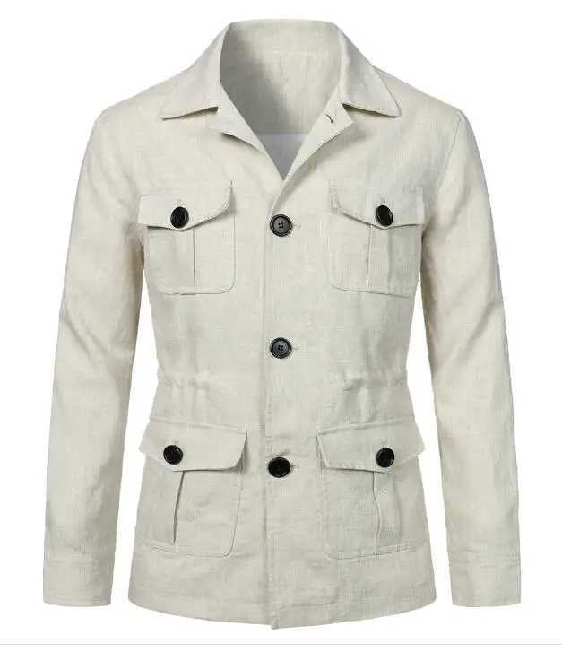 100% Cotton Linen Cargo Jackets Men Multi Pockets Outdoor Jacket Safari Jacket Streetwear Work Outwear 4 Colors Size M-5XL W250809