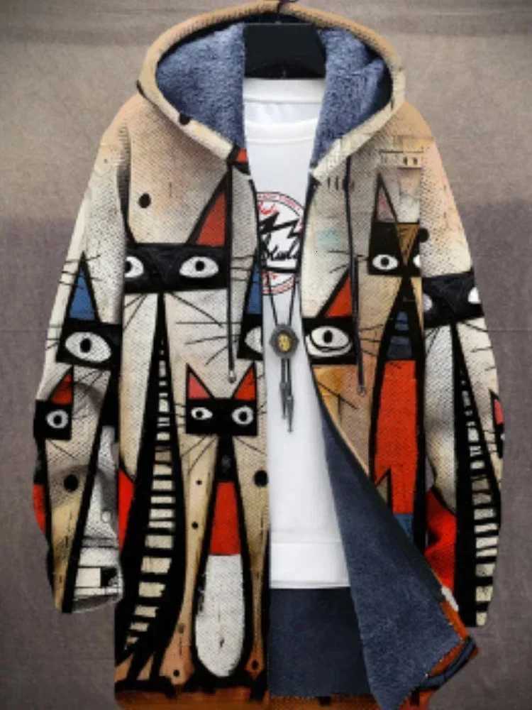 Men Cardigans Coats Cozy Art Cats Kitty Graphics Printed Mid Fleece Plush Thick Winter Casual Streetwear Unisex Clothing W250809