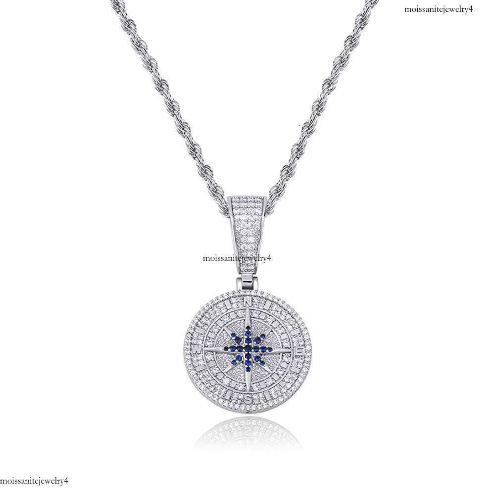 NUOYA Full Iced Out Dia Coin White Gold Plated Brass Micro Pave Blue Zircon Compass Charm Pendant