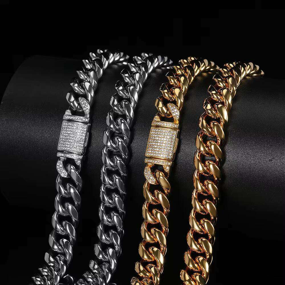 NUOYA Gold Plated Stainless Steel Men's Miami Cuban Chain Necklace 12mm HipHop Full Dia Clasp Fine Jewelry