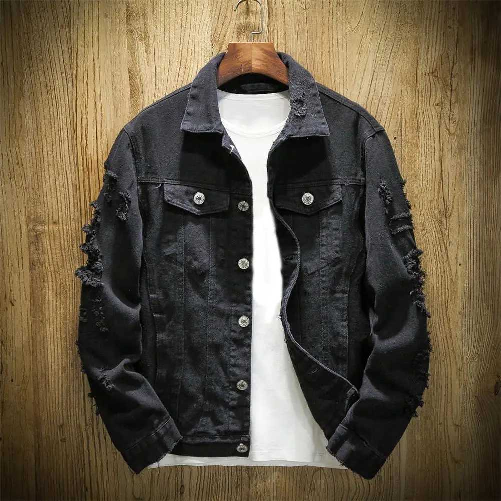 ipped Hole Jean Men Jackets Outerwear Verm Denim Coats Turndown Collar Loose Buttons Men Denim Jackets Solid Color Denim Coat W250809
