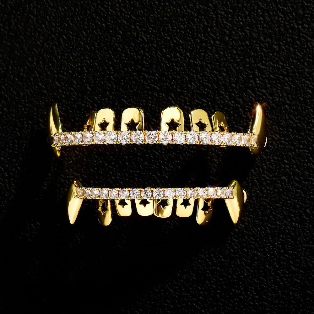Real Gold Plated Hip-Hop Braces Full Zirconia Trendy Accessories Personality Sharp Teeth