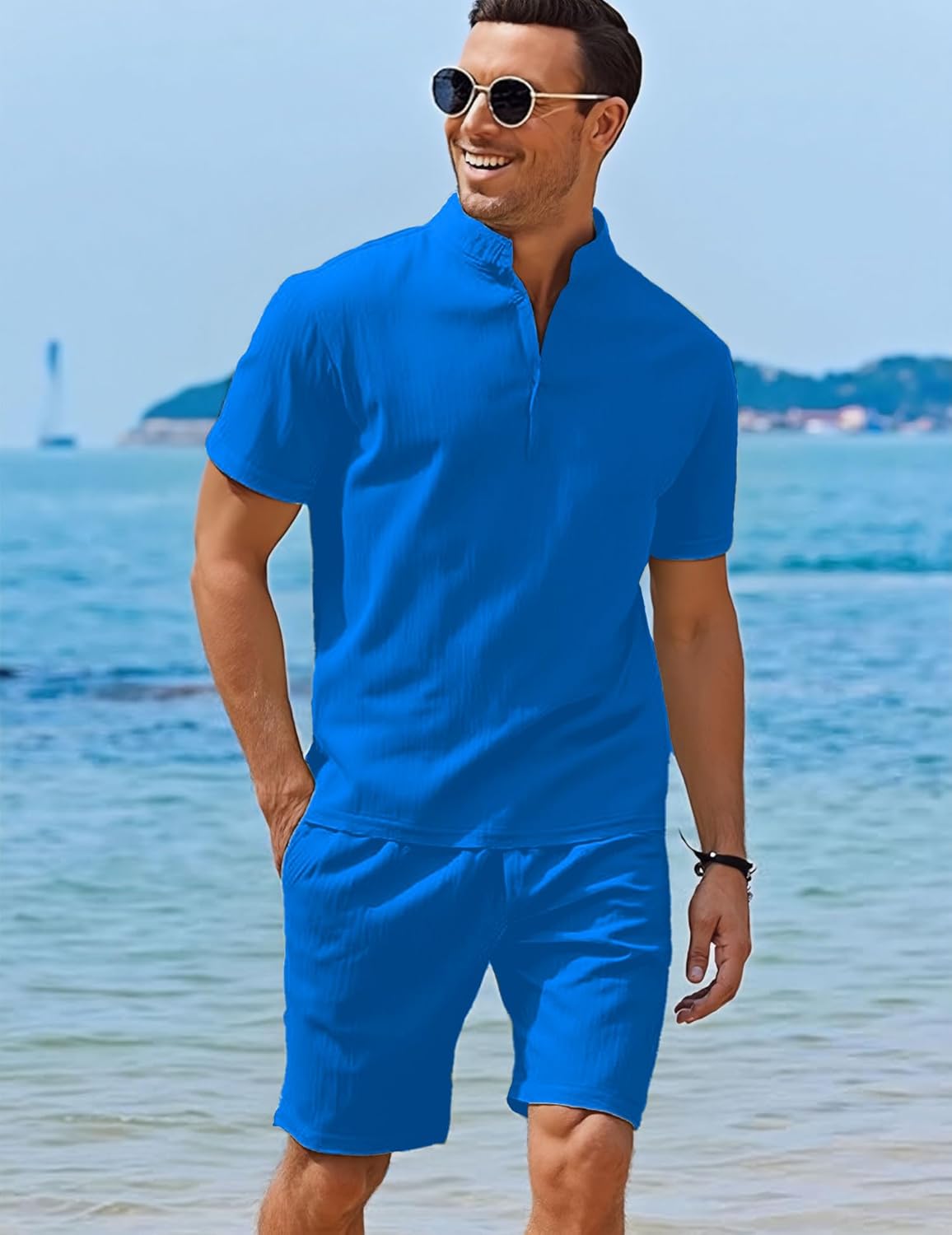 Men's Summer Beach Outfits 2 Piece Vintage Short Sleeve Henley Shirts and Shorts Vacation Texture Sets for Men