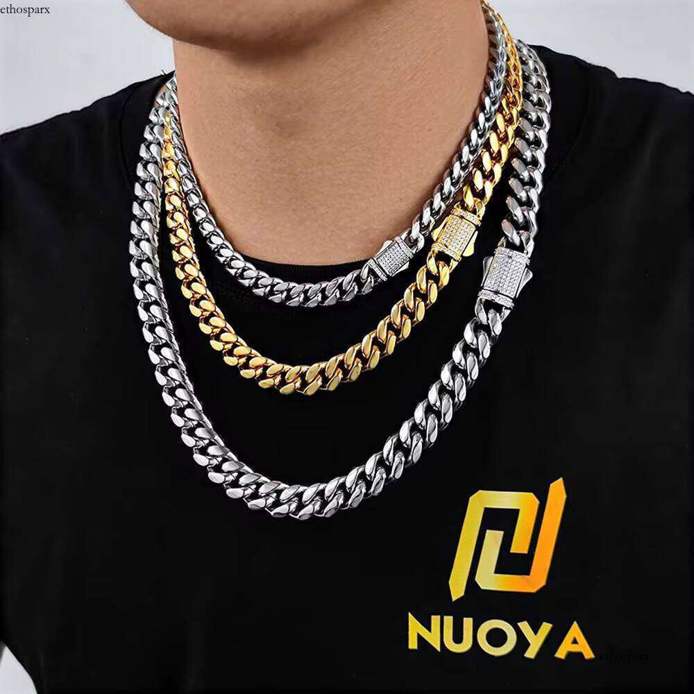 Nuoya 8/10/12mm Stainless Steel Cuban Link Iced Out Clasp Gold Plated Curb Chain Necklace