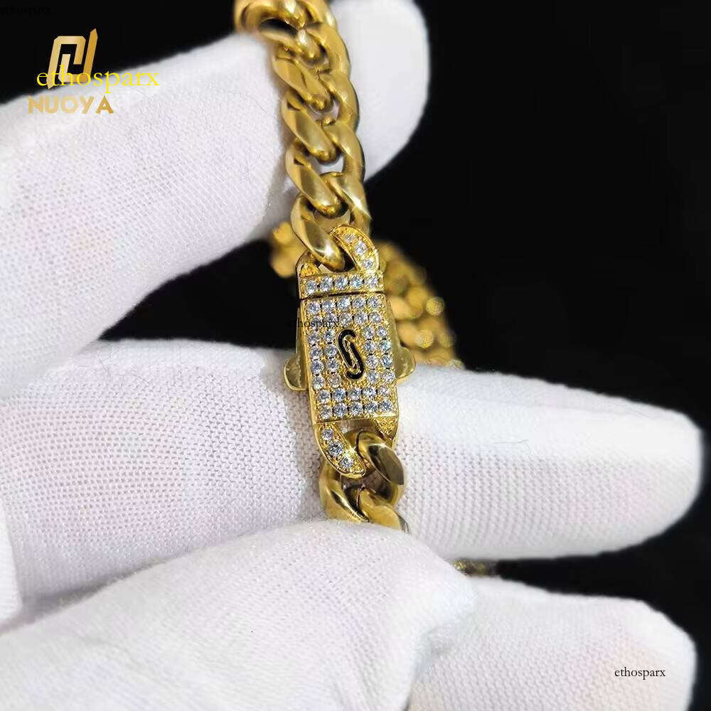 NUOYA Gold Plated Miami Link Hip Hop Custom Dia Clasp Stainless Steel Cuban Chain Necklace