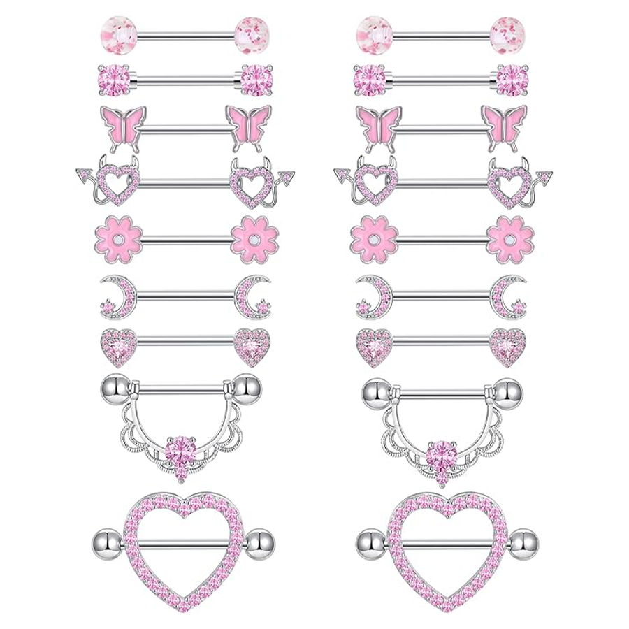9 Pairs Nipple Rings Stainless Steel Heart Butterfly Moon Flower CZ Barbell Tongue Rings Set Cute Nipplerings Piercing Jewelry for Women Pink Silver T