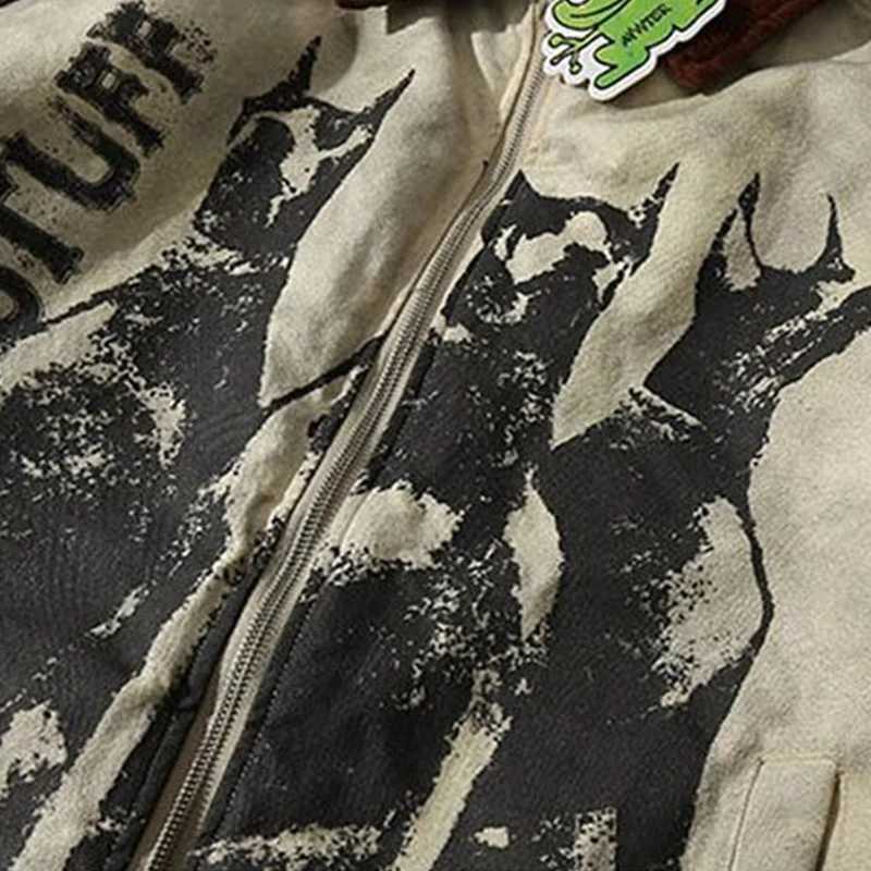 Korean Lapel Zipper Varsity Jacket Niche Printed Overcoat Men Women American Style 2024 New Fashion Unisex Retro Cityboy Jackets W250809