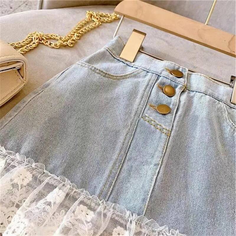 2025 New Summer Children's Baby Girls' Cowboy Skirt Cotton Lace Bottom Children's Girls' Skirt Korean Sweet Preschool Girls' 
