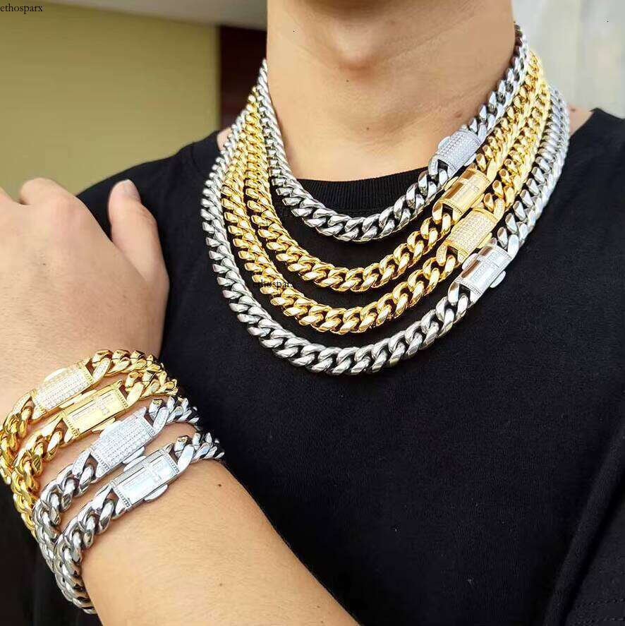 NUOYA 12mm Iced Clasp Sier Miami Stainless Steel Cuban Link Chain Jewelry Necklace
