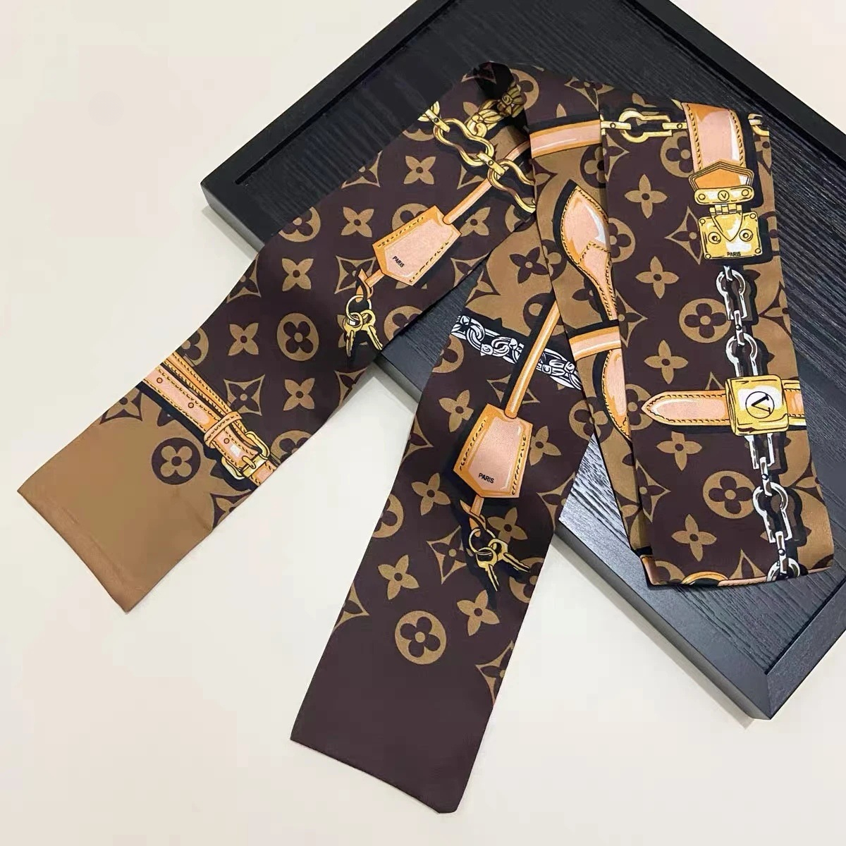 Printing Bag Scarf Small Skinny Silk Scarf Women's Elegant Hair Bandanas Small Tassel Hair Accessories Bundled Ribbons