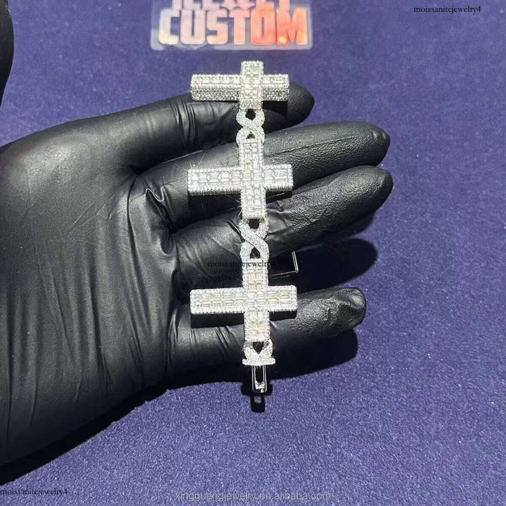 Cross Dia Hip Hop Chain Bracelet VVS Moissanite GRA Colorful 5A CZ Sterling Sier Gold Plate Fine Jewelry Bracelets