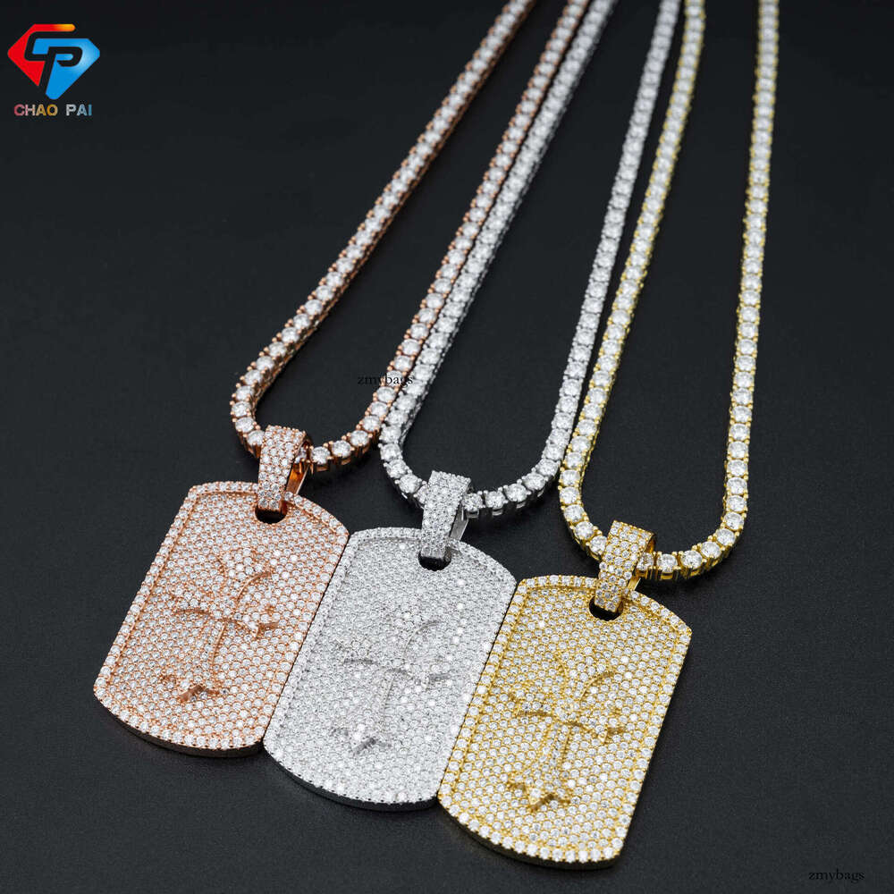 New Iced Out VVS Rectangular Tag Unisex Hip Hop Moissanite Pendant Necklace