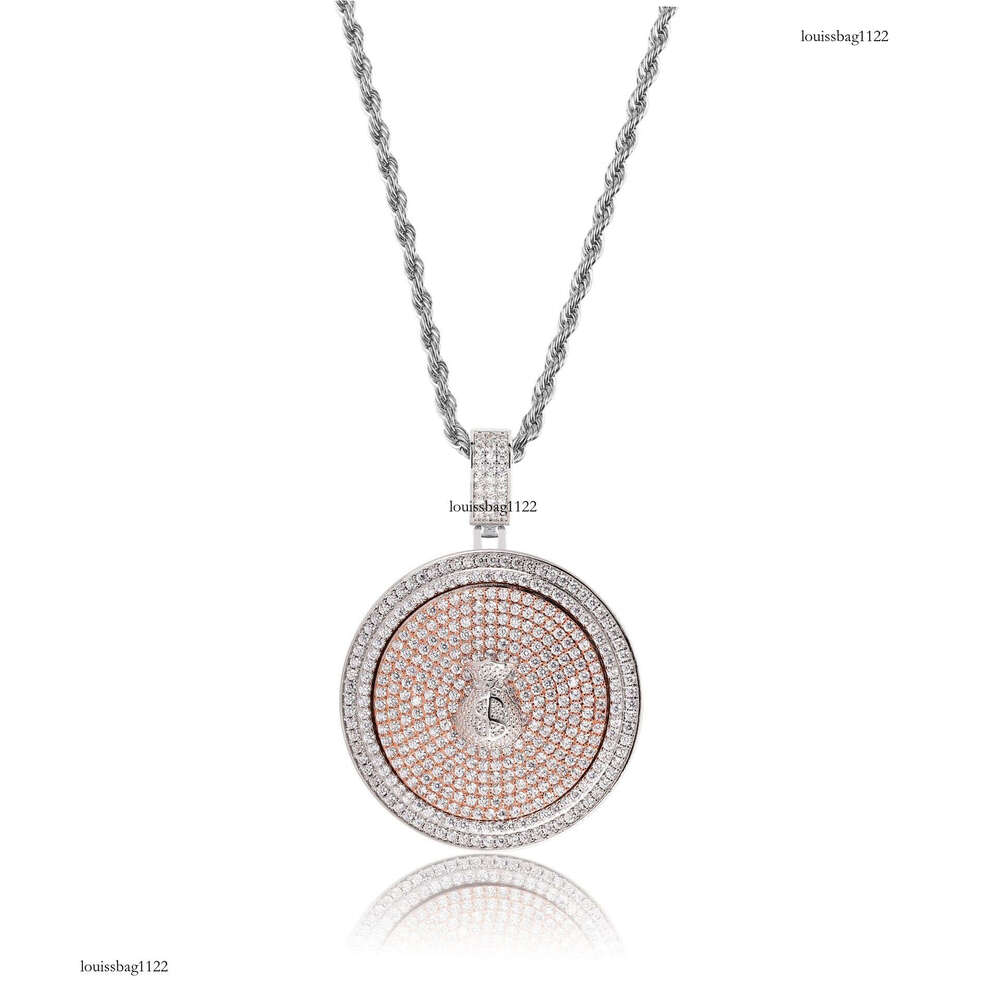 Trendy Dollar Sign Money Bag Rotating Disc Pendant Micro Paved Full Moissanite chain Hip Hop Necklace Jewelry