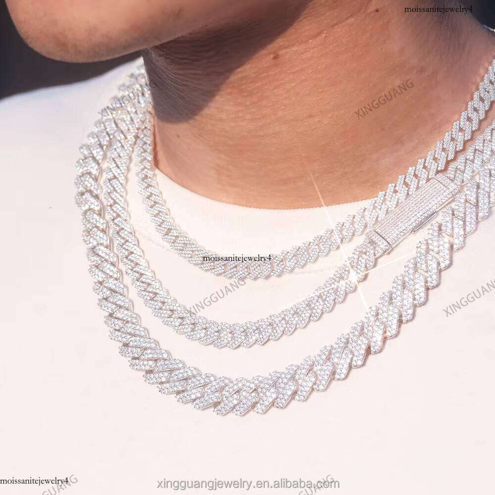 Pass Dia Tester Sier Link Necklace Iced Out 10mm 2 Rows Hip Hop VVS Moissanite Cuban Chain for Men