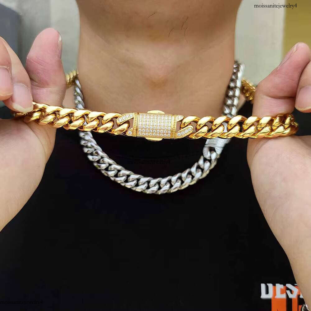 NUOYA 12mm HipHop Full Dia Clasp Link Gold Plated Stainless Steel Miami Cuban Chain Necklace Men