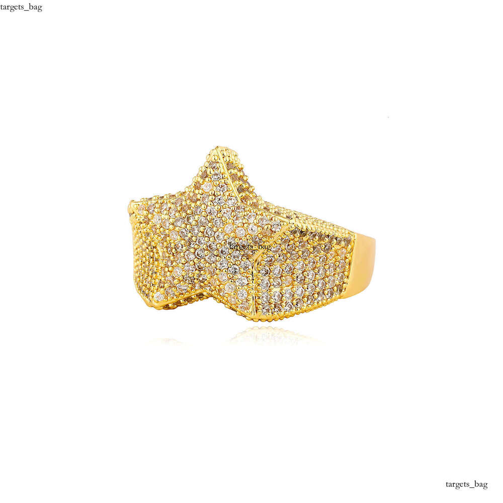 Hip Hop Full Diamond Pentagram Sterling Silver Gold Plated Street Style Personality Fashion Trendy Men's Versatile Ring