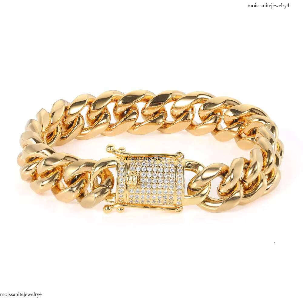 Wholesale 12mm Stainless Steel Cuban Link Chain with Gold Plated Dia Clasp Hip Hop Style Gift Necklace