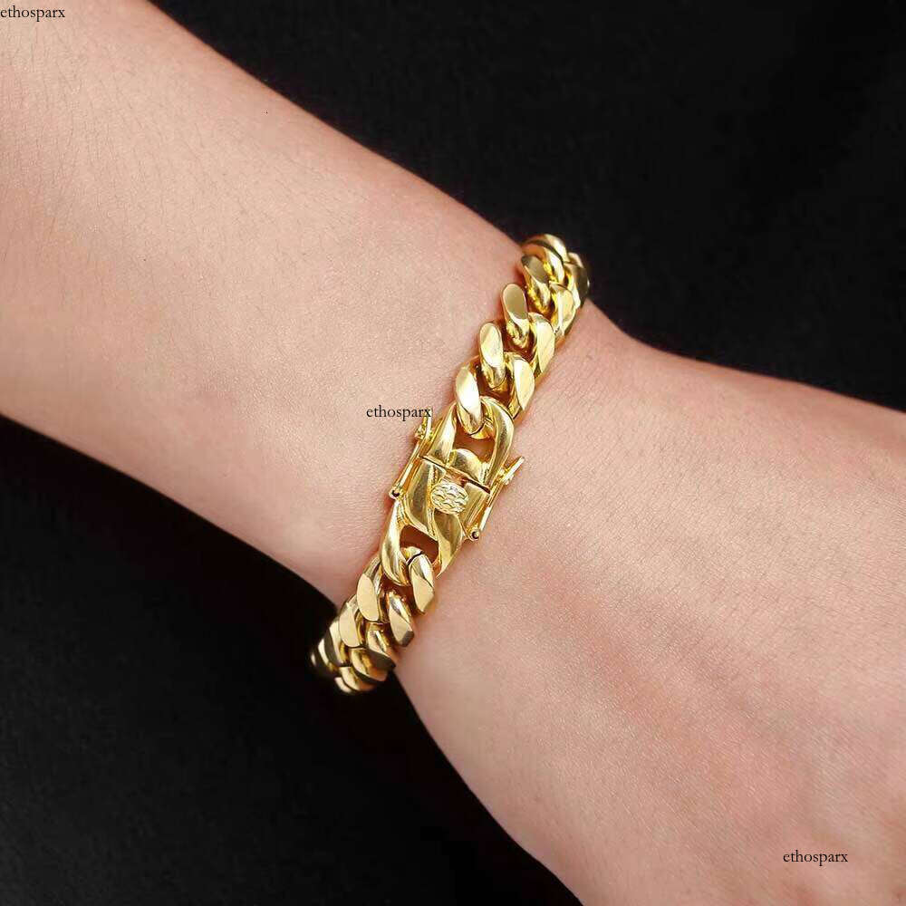 NUOYA 10mm Stainless Steel Link Unisex Gold Plated Hip Hop Cuban Chain Bracelet for Men and Women Party Gift
